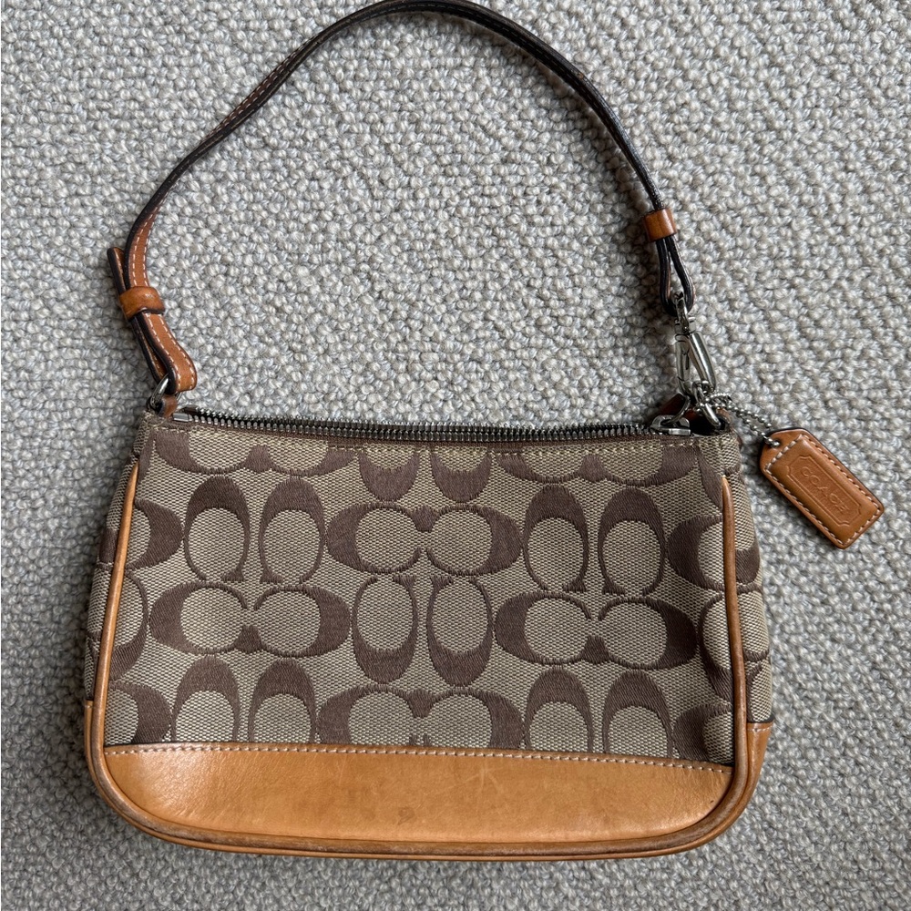 Coach Brown Signature Jacquard Shoulder Bag with Tan Trim